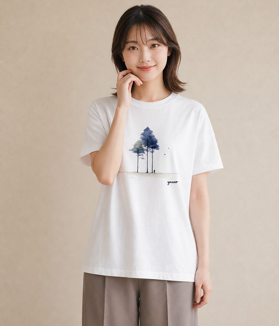 Tシャツ レディース 遠い家と鳥 風景 鳥 ナチュラル アンティーク イラスト 個性的 ラフ レイヤード 白T