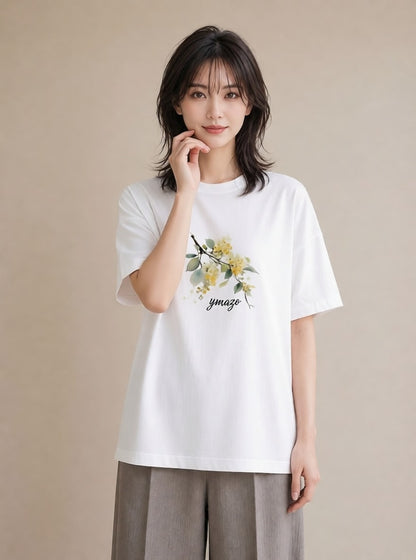 プリントTシャツ レディース ミモザ 花 花柄 イラスト ボタニカル 20代 カジュアルコーデ 白T