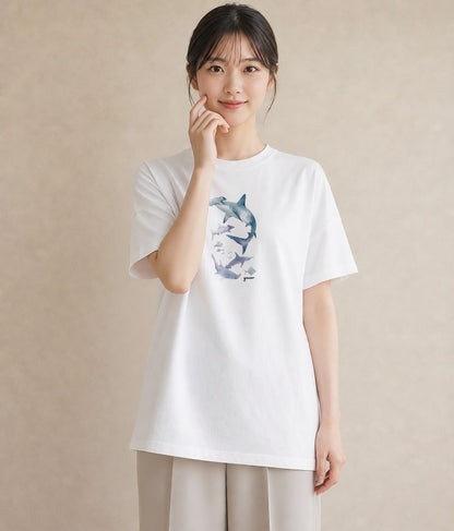 Tシャツ レディース サメ 海の生き物 海 イラスト きれいめ 母娘コーデ 自分用 白T