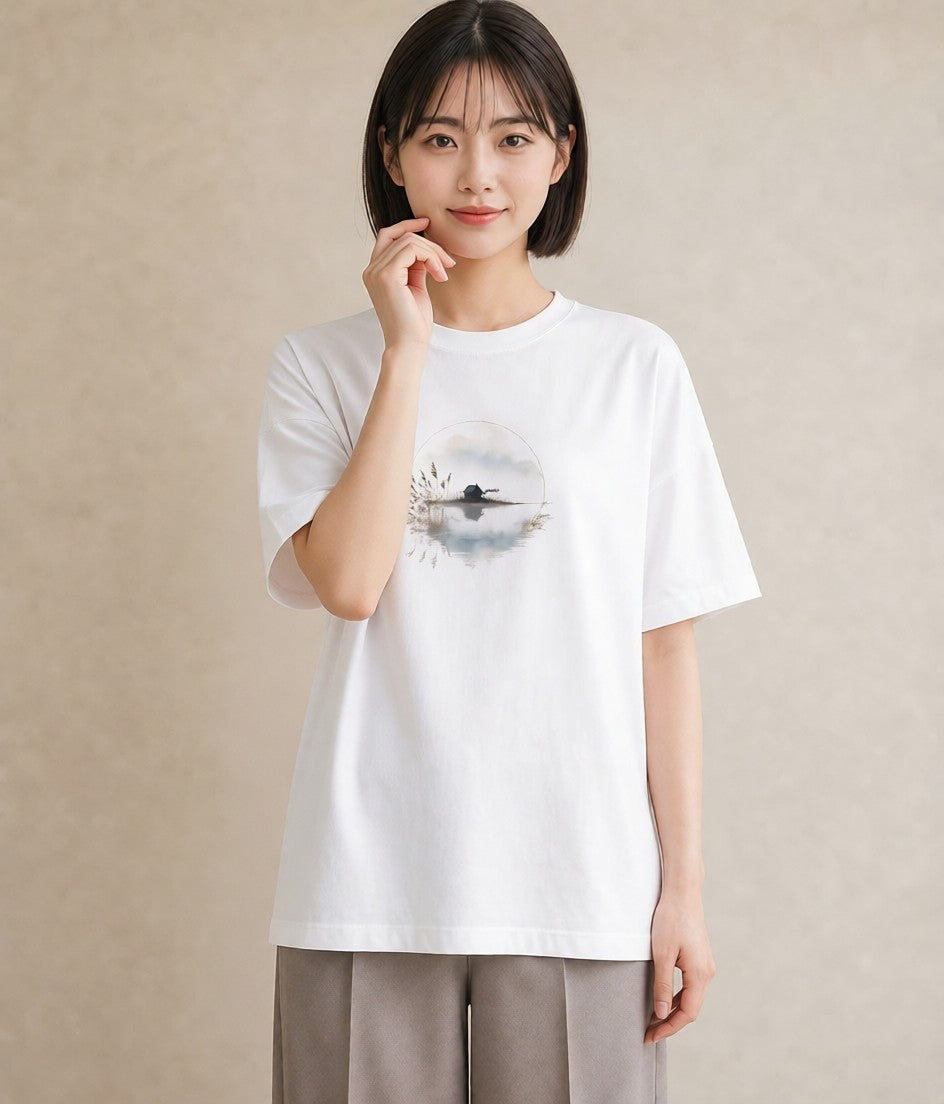 半袖Tシャツ レディース 青の水彩 風景 ブルー ナチュラル アンティーク イラスト ポップ クリスマス 旅行 白T