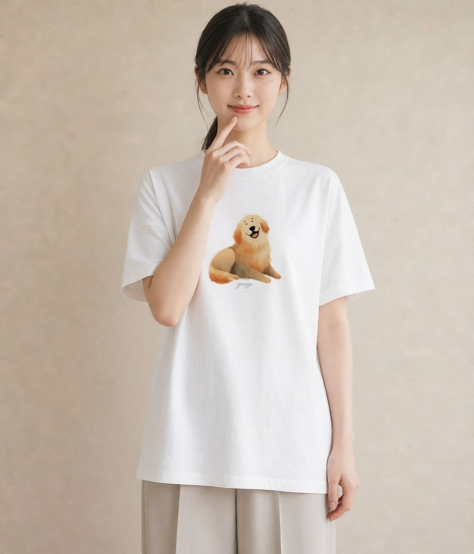 半袖Tシャツ レディース わんちゃん 犬 いぬ イラスト ラフ 普段着 週末コーデ 白T