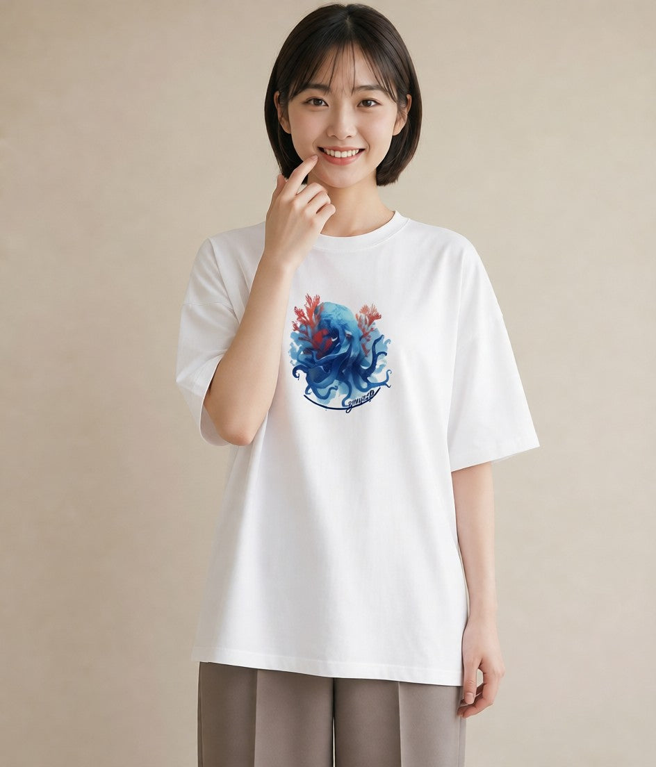 グラフィックTシャツ レディース タコ 海の生き物 海 イラスト 女性向けギフト 散歩 白T