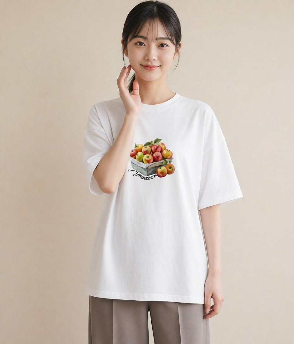 半袖Tシャツ レディース りんご 林檎 アップル 食べ物 フード イラスト こなれ感 女性 旅行用 白T