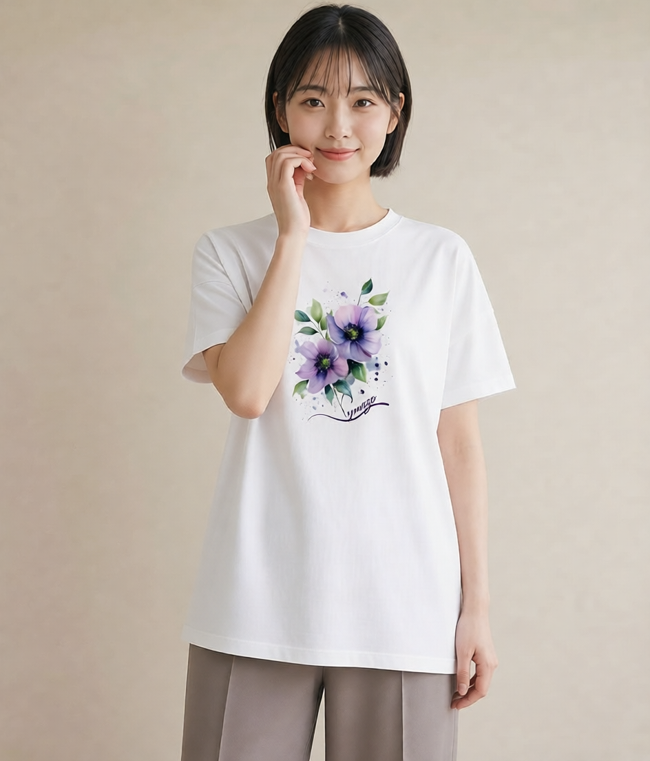 Tシャツ レディース スミレ 花 花柄 イラスト 線画 レイヤード 友達ギフト 白T