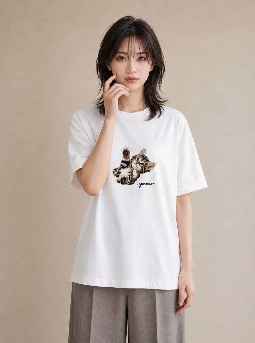 半袖Tシャツ レディース ベンガル 猫 ねこ イラスト きれいめ 誕生日プレゼント 綿100 白T
