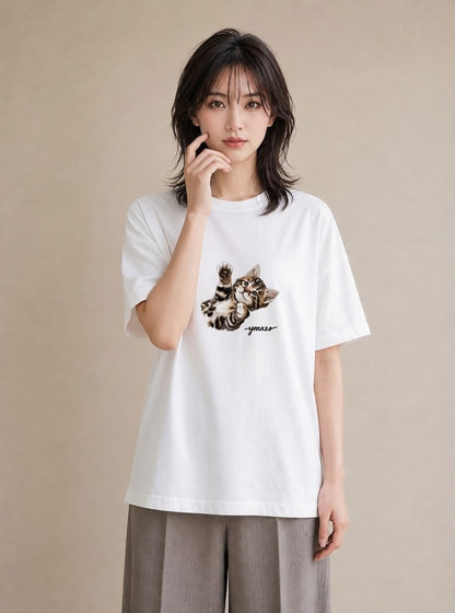 半袖Tシャツ レディース ベンガル 猫 ねこ イラスト きれいめ 誕生日プレゼント 綿100 白T
