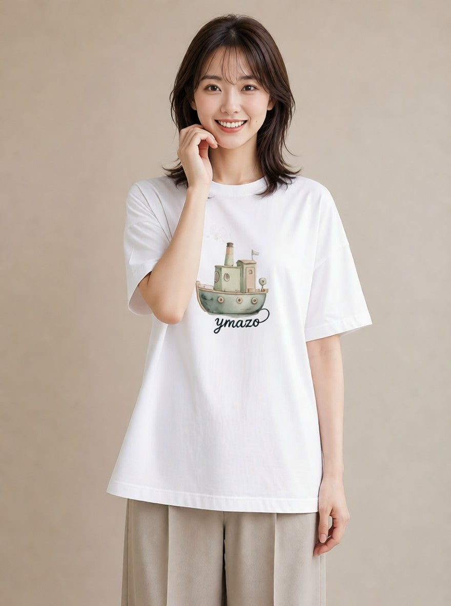 デザインTシャツ レディース 紙の船 水辺 ナチュラル アンティーク イラスト 淡色 母の日 ビーチ 白T