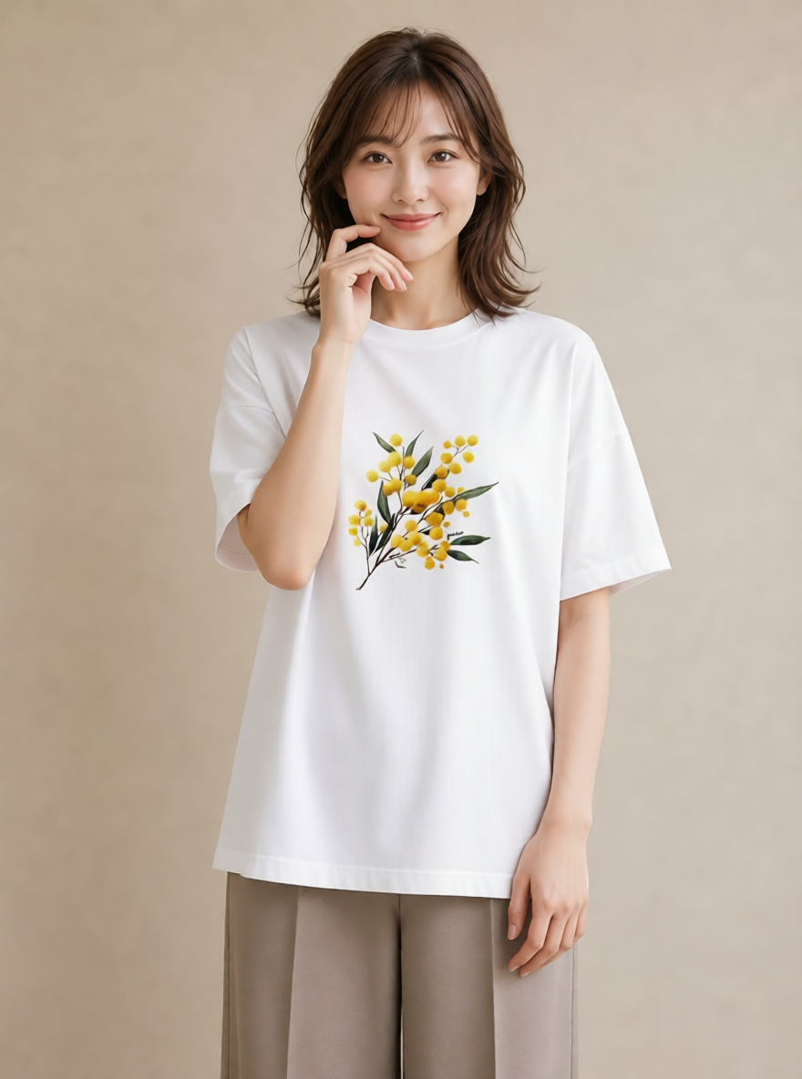 半袖Tシャツ レディース ミモザ 花 花柄 イラスト レトロ 誕生日プレゼント 綿100 白T