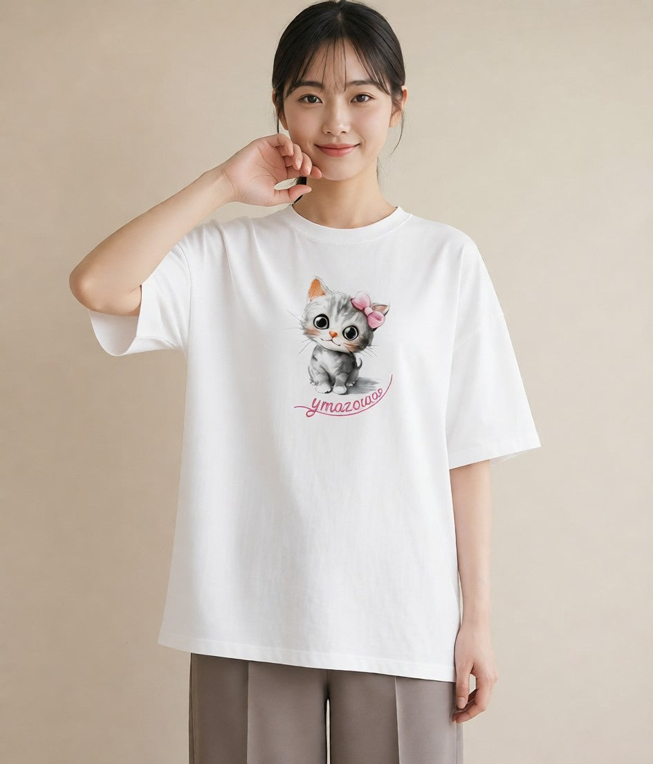 グラフィックTシャツ レディース 子猫 猫 ねこ イラスト 抜け感 敬老の日 ホワイトデー 白T