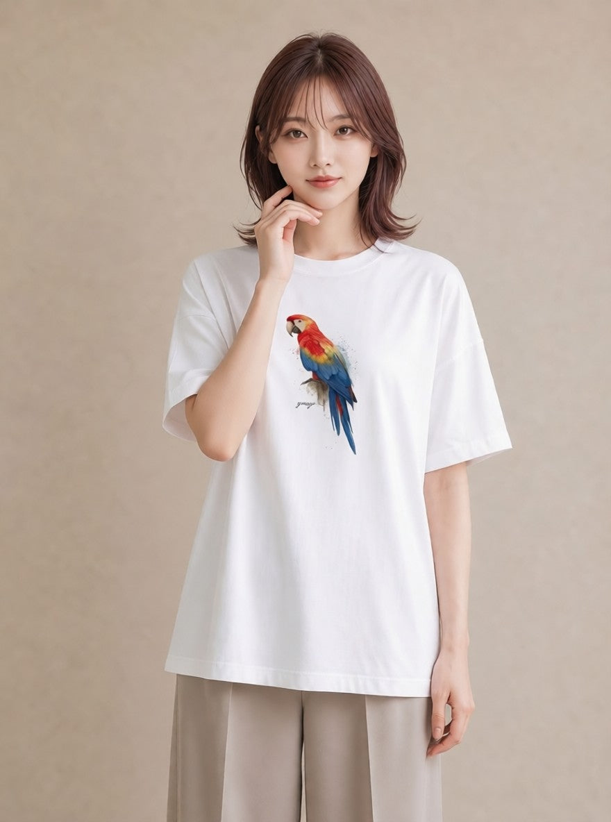 半袖Tシャツ レディース インコ ペット 動物 イラスト アート風 女性向けギフト 散歩 白T