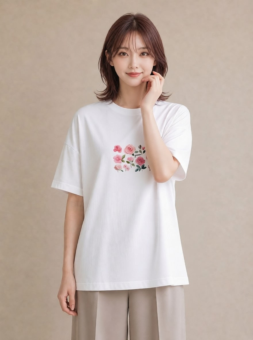 デザインTシャツ レディース バラ 薔薇 ローズ 花 花柄 イラスト ガーリー 散歩 お出かけ 白T