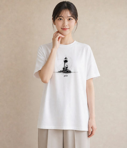 デザインTシャツ レディース 灯台 霧 海 ナチュラル アンティーク イラスト ラフ レイヤード 友達ギフト 白T