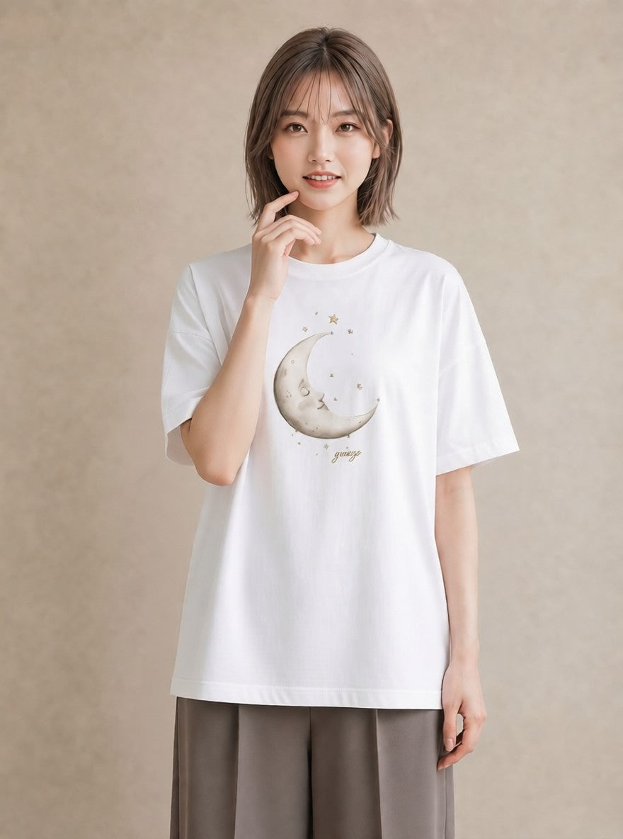 プリントTシャツ レディース 三日月 星空 宇宙 イラスト きれいめ おしゃれギフト 社会人 白T