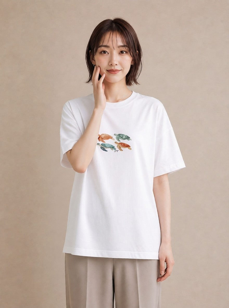 半袖Tシャツ レディース カメ ペット 動物 イラスト 個性的 普段着 週末コーデ 白T