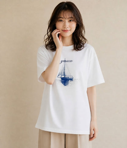 プリントTシャツ レディース 紙の船 水辺 ナチュラル アンティーク イラスト レトロ ギフト 母の日 白T