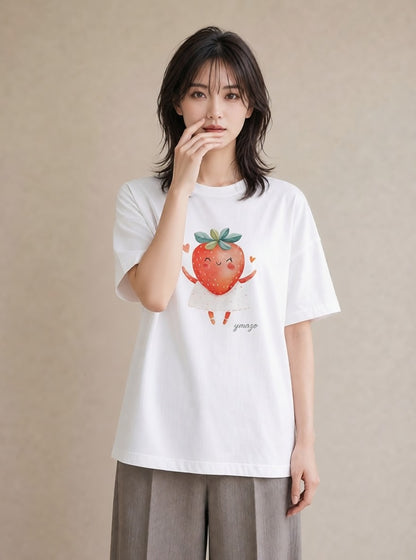プリントTシャツ レディース いちご 苺 ストロベリー 食べ物 フード イラスト 20代 カジュアルコーデ 白T