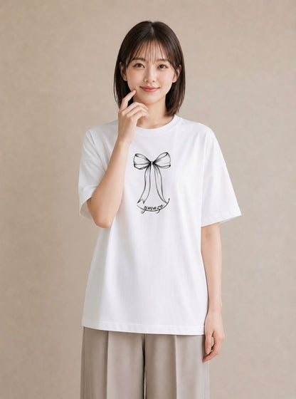 Tシャツ レディース リボン ボウ りぼん イラスト ヴィンテージ風 母の日 ビーチ 白T