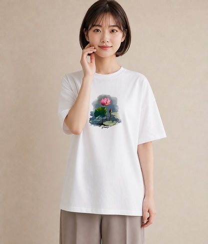 プリントTシャツ レディース 蓮 花 花柄 イラスト 線画 デイリーウェア 休日 白T