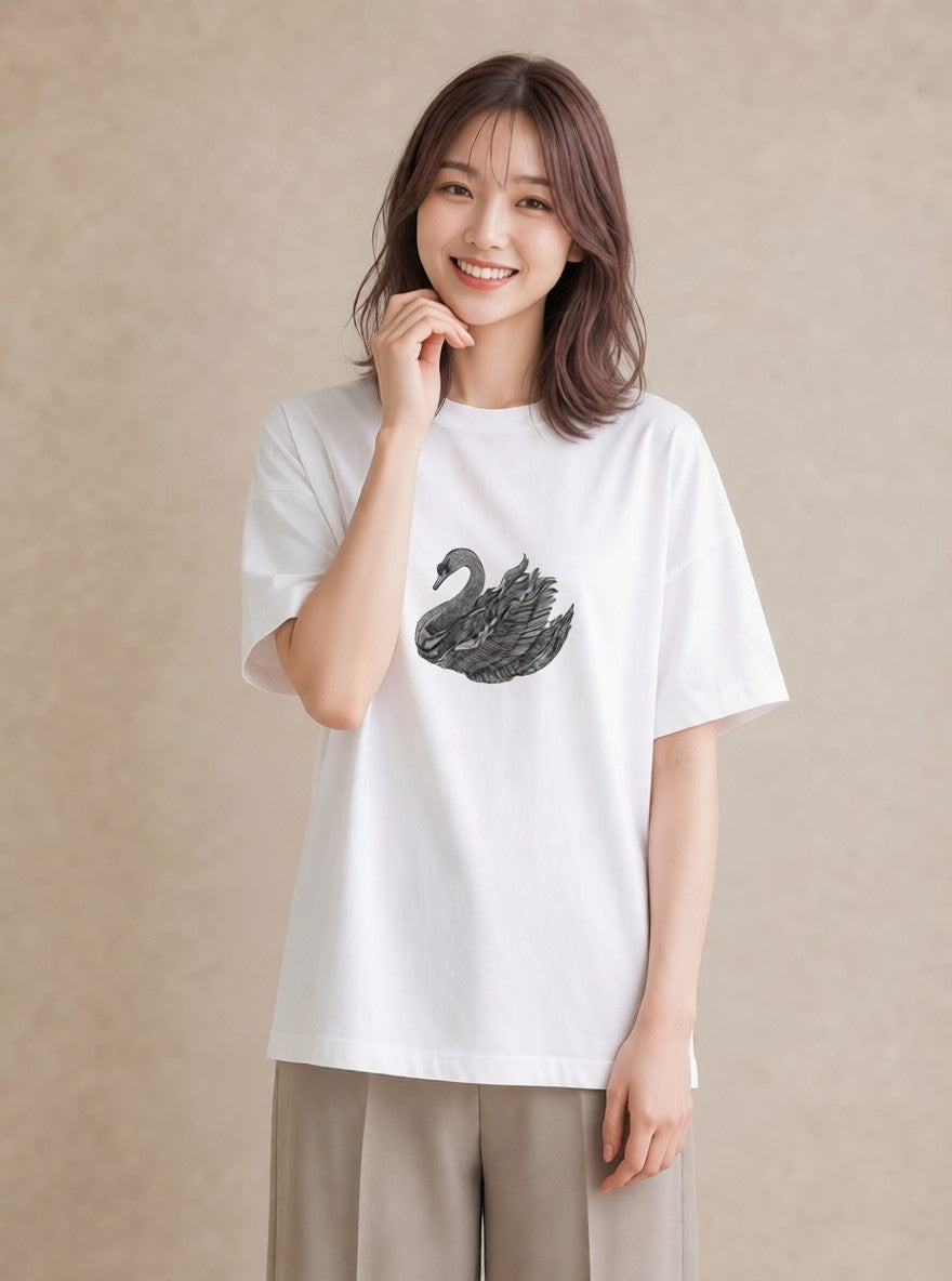 Tシャツ レディース ハクチョウ 動物 アニマル イラスト 夏コーデ 通学 白T