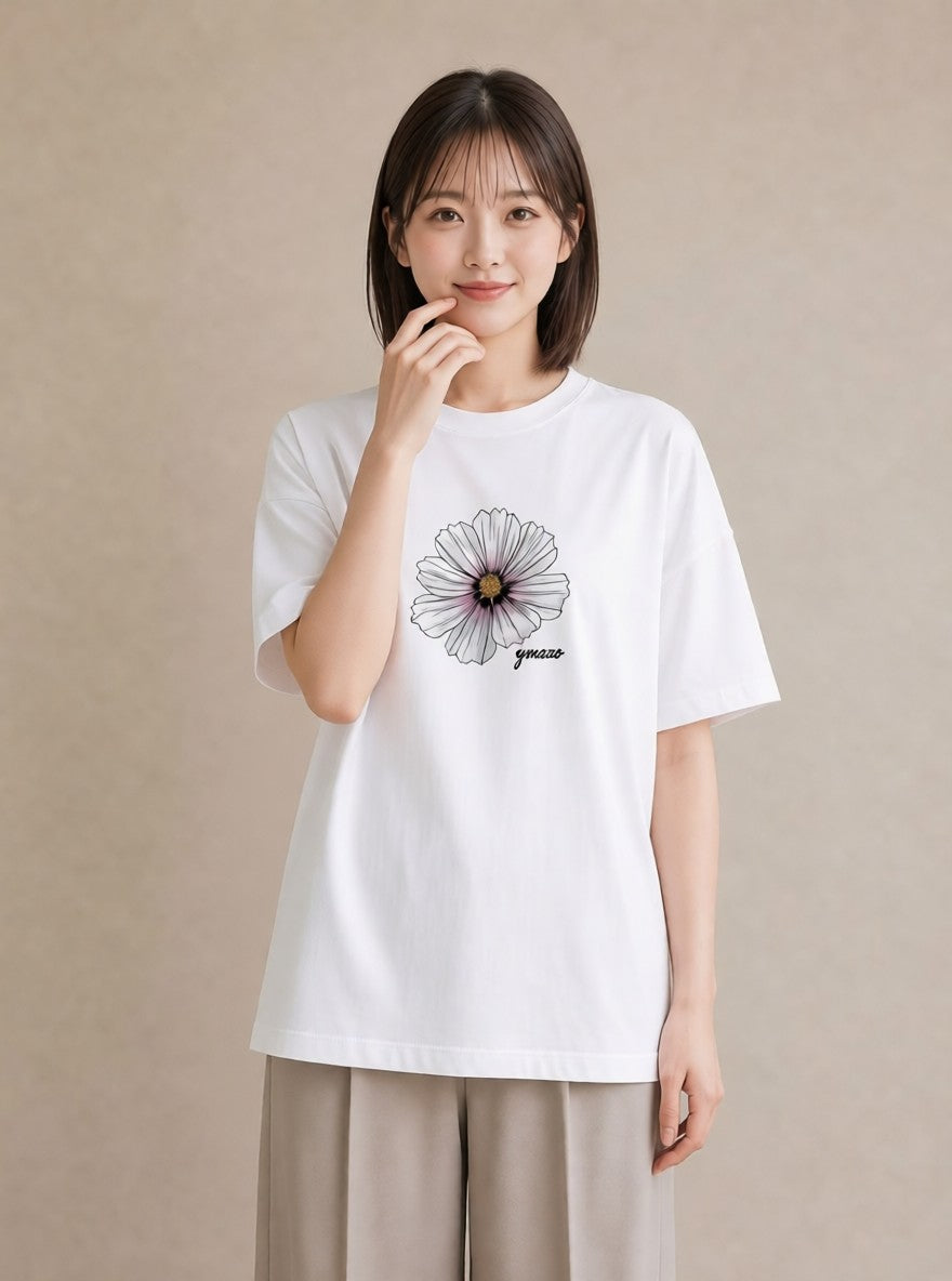半袖Tシャツ レディース デイジー 花 花柄 イラスト ミニマル 海 カフェ巡り 白T