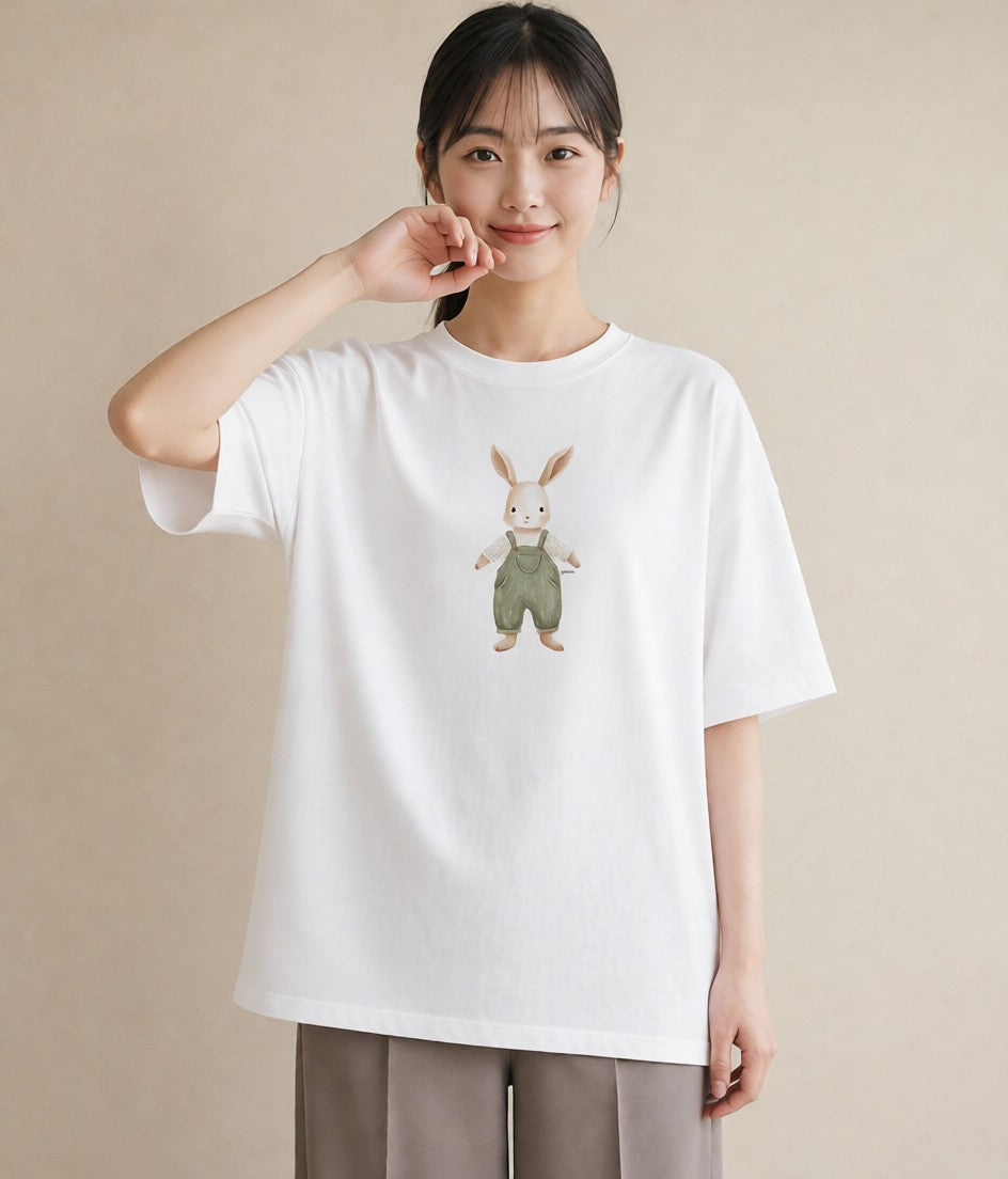 グラフィックTシャツ レディース ミニうさぎ ペット 動物 イラスト 手描き風 ビーチ デイリーウェア 白T