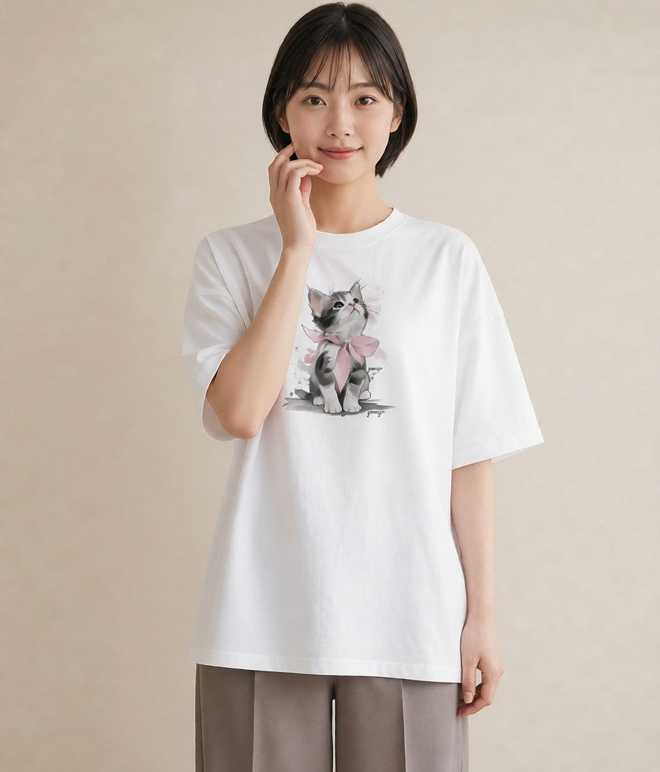 グラフィックTシャツ レディース サバトラ 猫 ねこ イラスト アート風 帰省 ラフ 白T