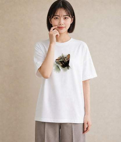 プリントTシャツ レディース 猫 ねこ イラスト 上品 おしゃれギフト 社会人 白T