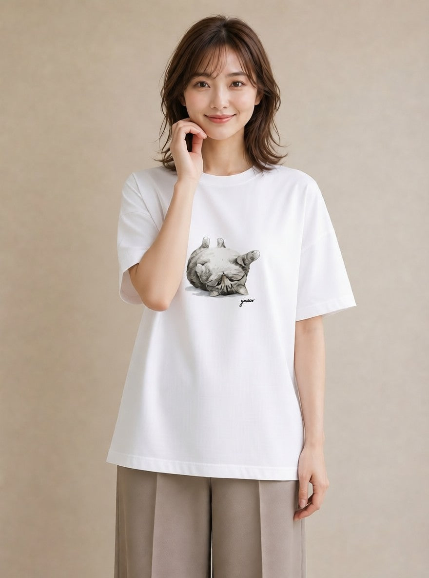 プリントTシャツ レディース ぶち猫 猫 ねこ イラスト ラフカジュアル 週末コーデ 敬老の日 白T