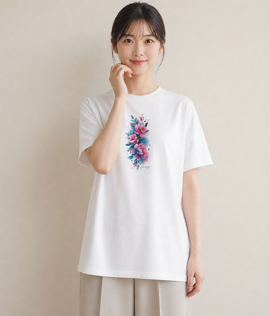 グラフィックTシャツ レディース 椿 花 花柄 イラスト アート風 女性 旅行用 白T