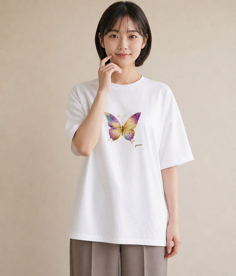 プリントTシャツ レディース ちょうちょ 蝶 バタフライ 昆虫 虫 イラスト きれいめ ホワイトデー 春服 白T