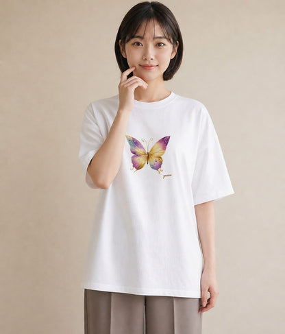 プリントTシャツ レディース ちょうちょ 蝶 バタフライ 昆虫 虫 イラスト きれいめ ホワイトデー 春服 白T