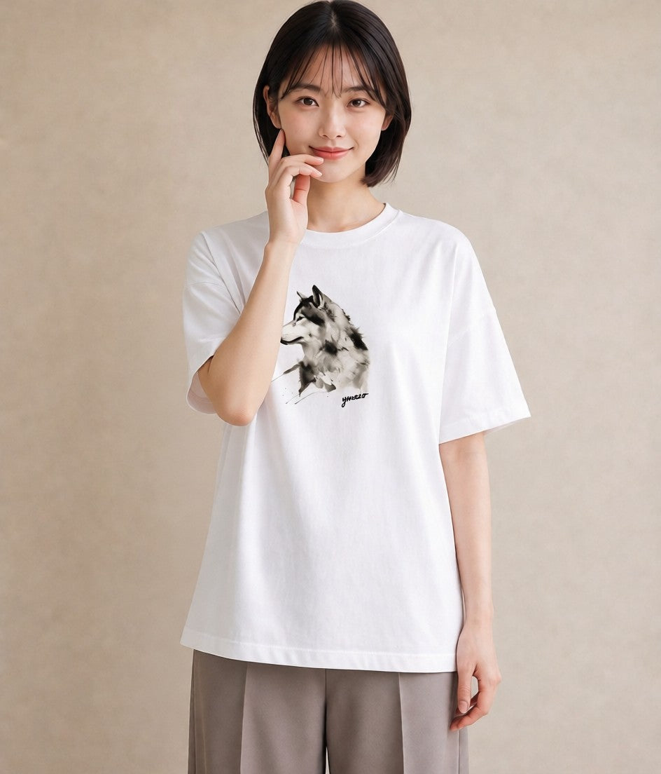 グラフィックTシャツ レディース シベリアンハスキー 犬 いぬ イラスト アート風 在宅 公園 白T