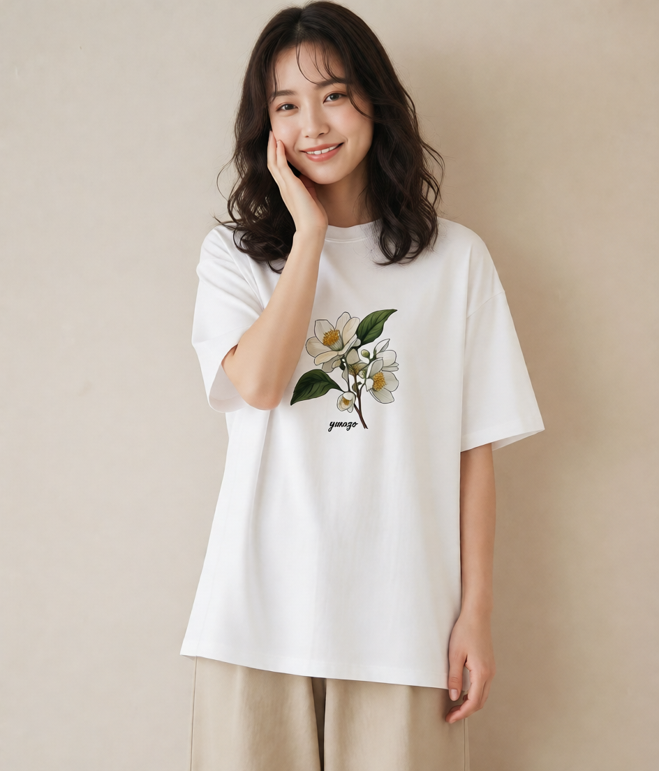 デザインTシャツ レディース 椿 花 花柄 イラスト ポップ 夏コーデ 通学 白T