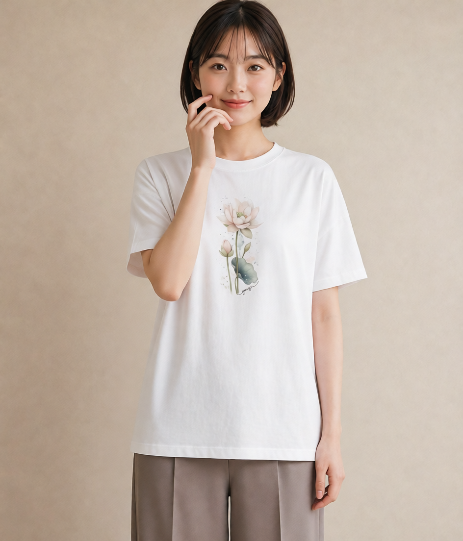 プリントTシャツ レディース ゆり 百合 花 花柄 イラスト ラフ 春服 ミセス 白T