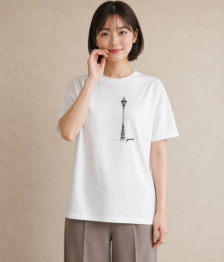 プリントTシャツ レディース 街灯 夜霧 夜 ナチュラル アンティーク イラスト ラフ 通勤 在宅 白T
