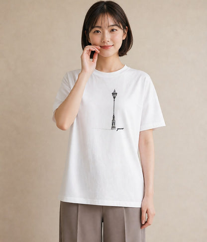 プリントTシャツ レディース 街灯 夜霧 夜 ナチュラル アンティーク イラスト ラフ 通勤 在宅 白T