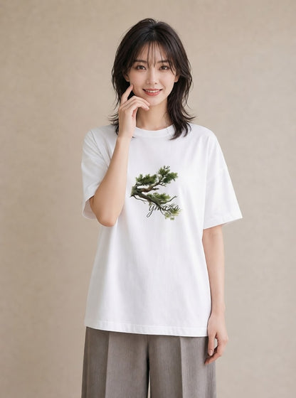 半袖Tシャツ レディース 盆栽 植物 ボタニカル イラスト 旅行コーデ ママ カフェ服 白T