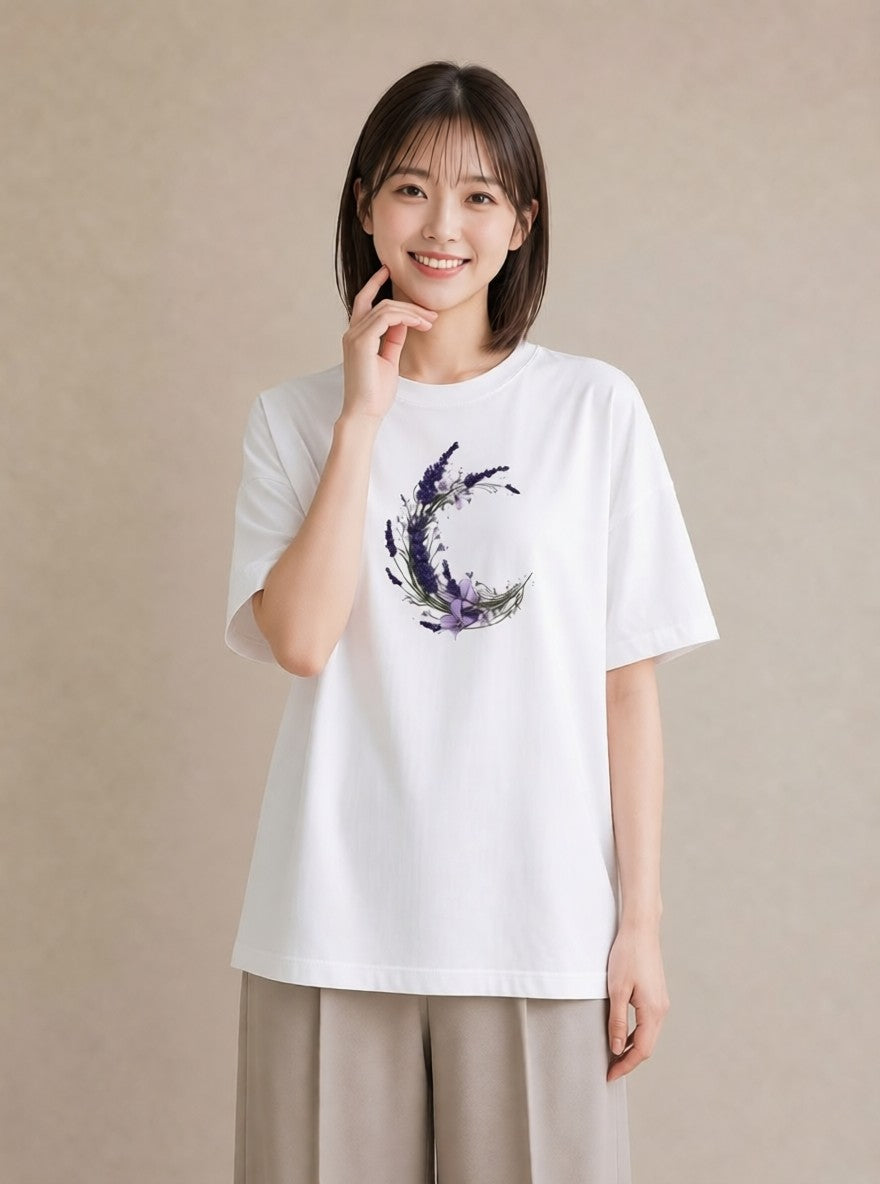 デザインTシャツ レディース ラベンダー 花 花柄 イラスト きれいめカジュアル ミセス 春コーデ 白T