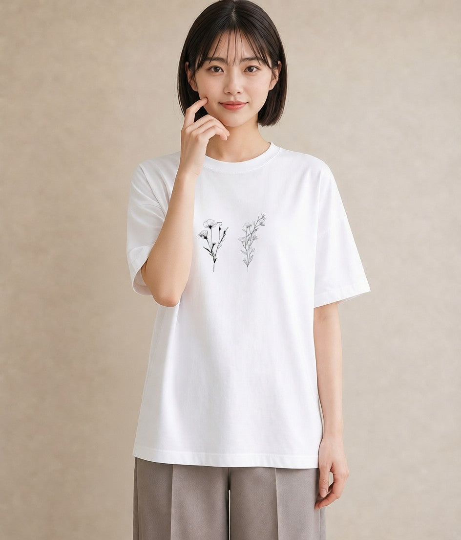 半袖Tシャツ レディース 小花 花 フラワー イラスト ガーリー 夏コーデ 通学 白T