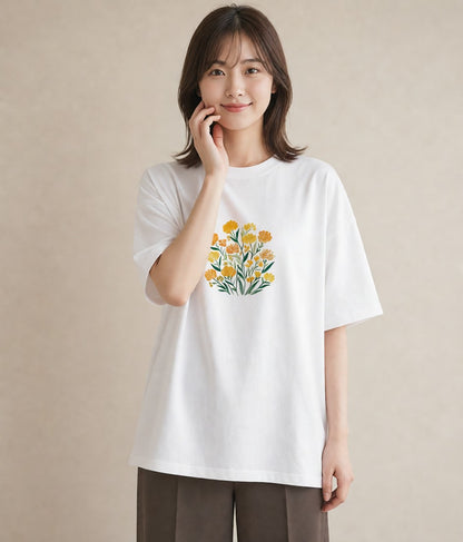 半袖Tシャツ レディース ミモザ 花 花柄 イラスト 休日コーデ 姉妹 送別ギフト 白T