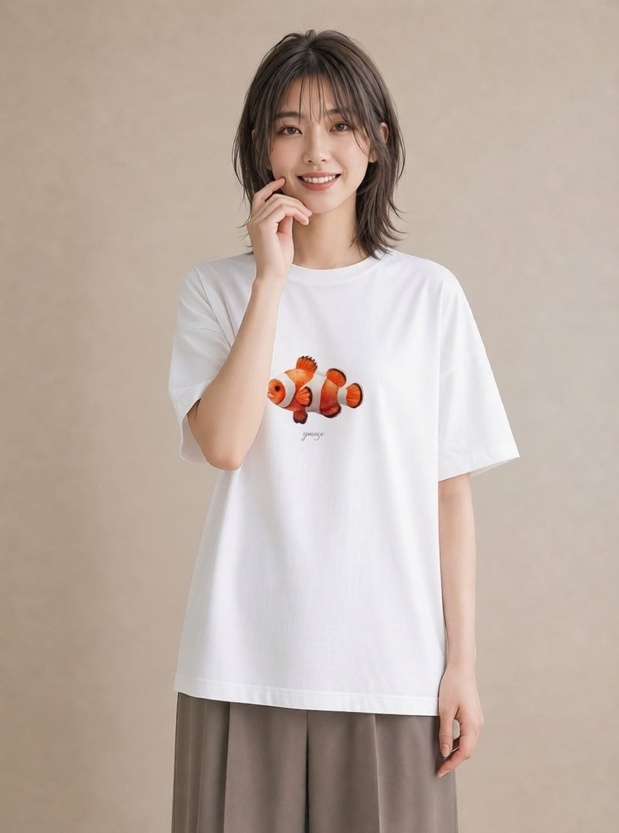 半袖Tシャツ レディース らんちゅう ペット 動物 イラスト 韓国風 カジュアルコーデ 買い物 白T