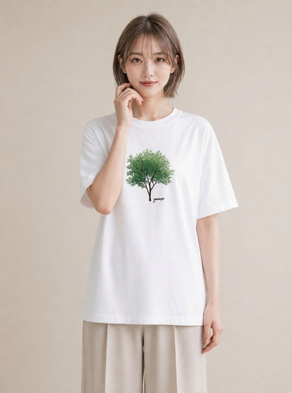 プリントTシャツ レディース 木 植物 ボタニカル イラスト シンプル 綿100 デート 白T