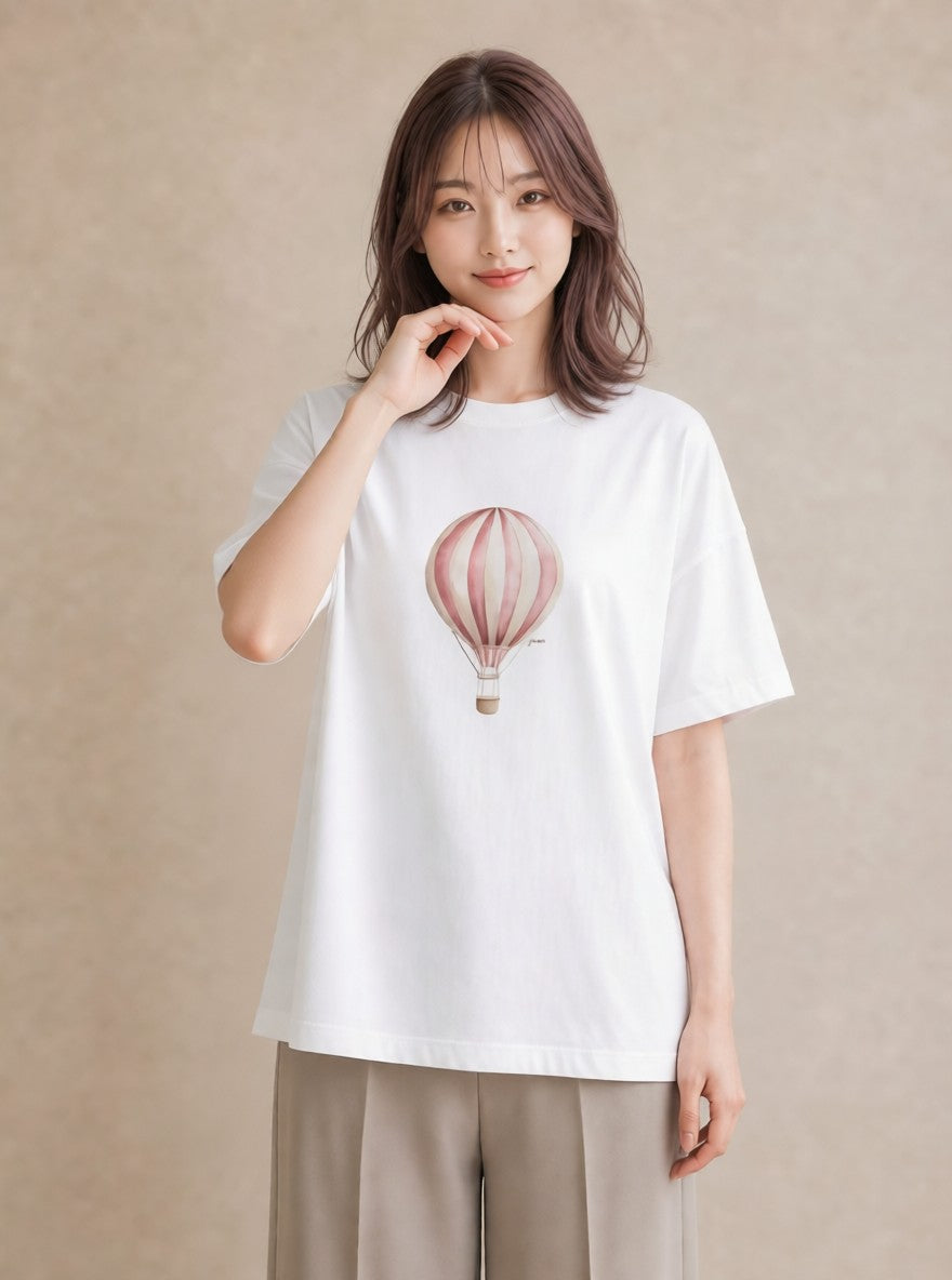 プリントTシャツ レディース 紙風船 和紙 ナチュラル アンティーク イラスト ポップ 帰省 ラフ 白T