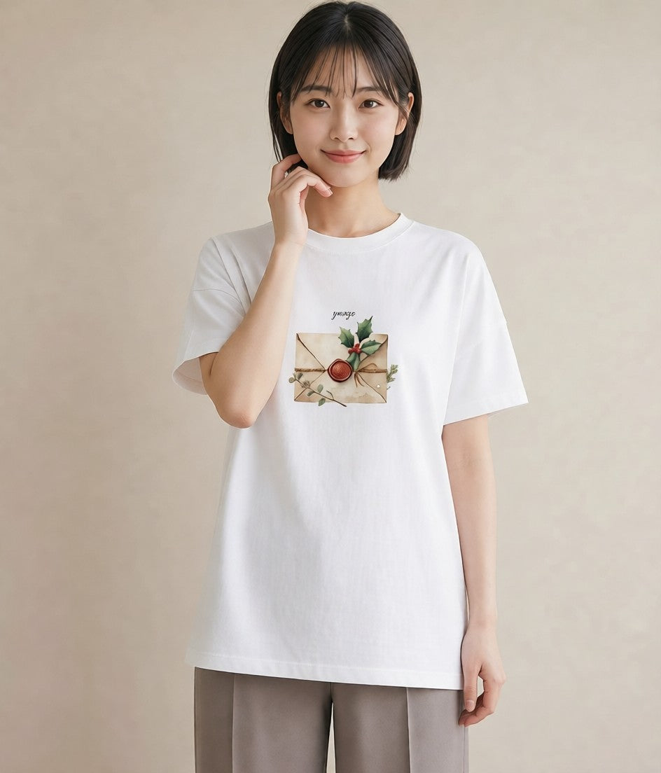 Tシャツ レディース 封蝋 手紙 アンティーク ナチュラル イラスト フェミニン カフェ巡り 女子会 白T