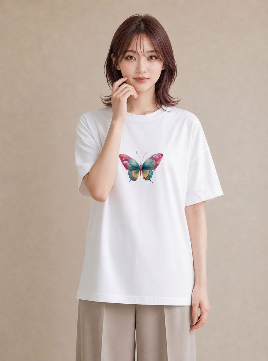 デザインTシャツ レディース ちょうちょ 蝶 バタフライ 昆虫 虫 イラスト シック ビーチ デイリーウェア 白T