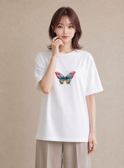 デザインTシャツ レディース ちょうちょ 蝶 バタフライ 昆虫 虫 イラスト シック ビーチ デイリーウェア 白T