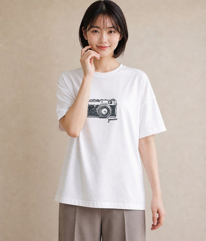 デザインTシャツ レディース カメラ フィルムカメラ レトロカメラ イラスト ラフ ビーチ デイリーウェア 白T