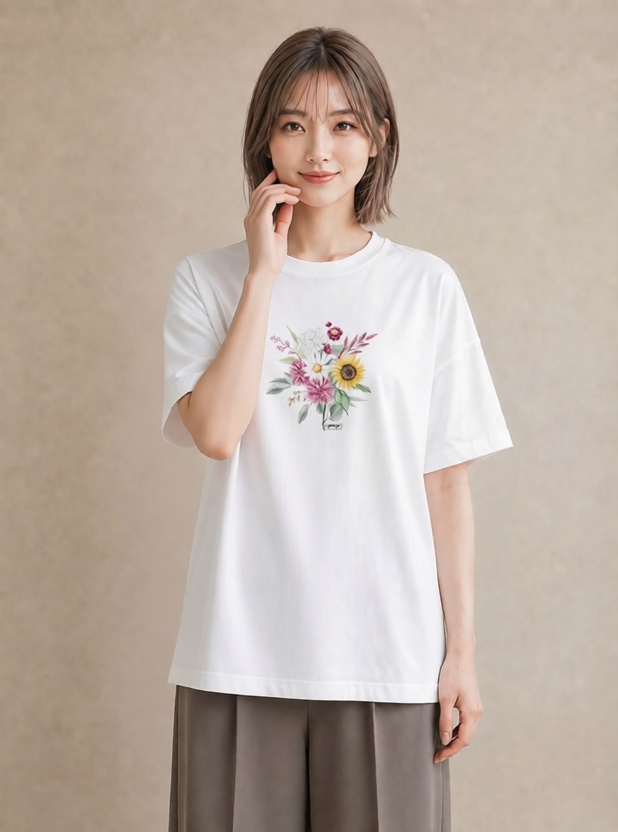 デザインTシャツ レディース ひまわり 向日葵 花 花柄 イラスト ナチュラル 母の日 ビーチ 白T