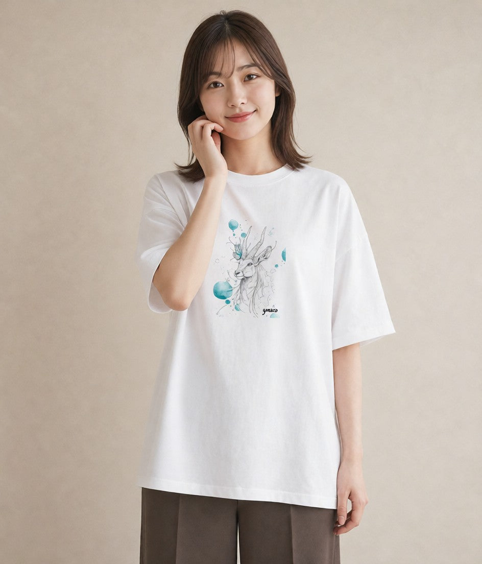 グラフィックTシャツ レディース 山羊座 星空 宇宙 イラスト カフェコーデ 春コーデ 姉妹 白T