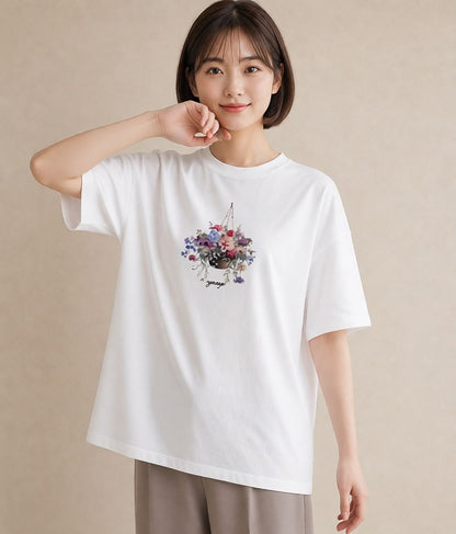 半袖Tシャツ レディース 自転車のかご 自転車 花かご ナチュラル アンティーク イラスト きれいめカジュアル ビーチ デイリーウェア 白T